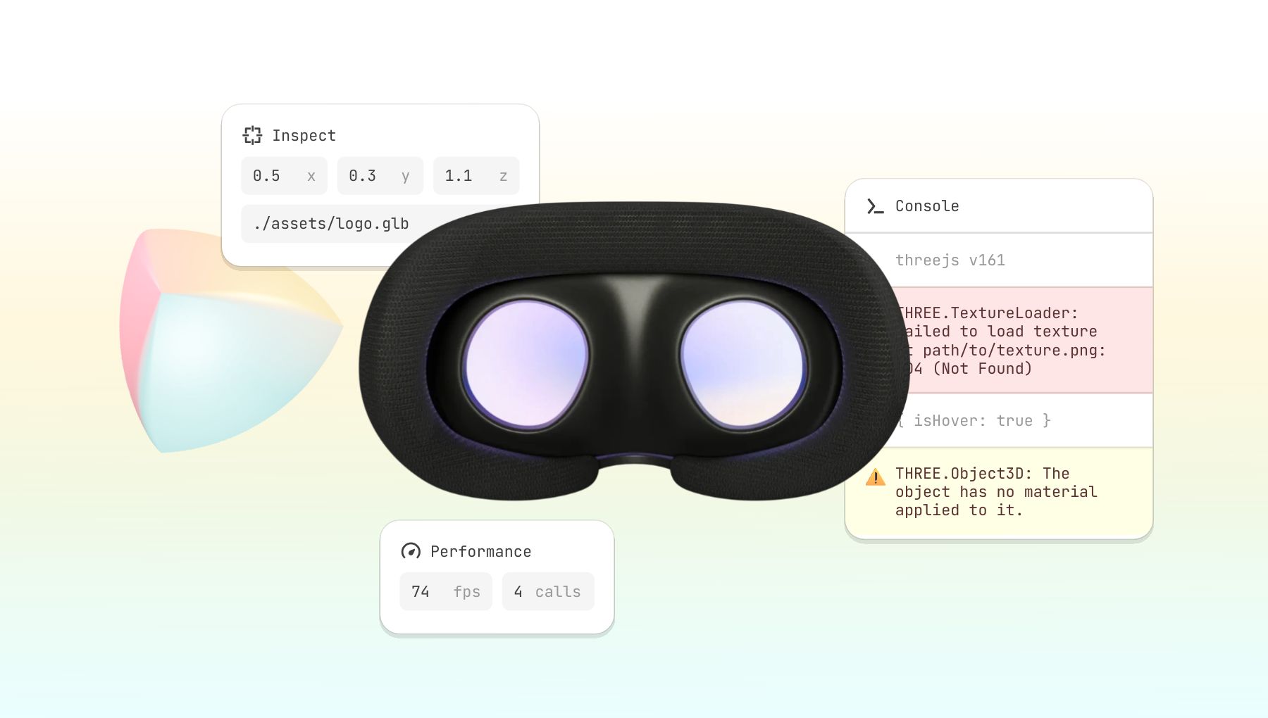 a stylized scene
with a VR headset point forward. Around it, 3 panels are floating: an
inspector showing geometry data for a floating object, a console display
a series of logs and errors, and a performance panel display a
framerate.